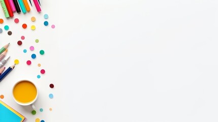 A creative workspace with colorful markers, pencils, confetti, a notebook, and a cup of tea, all arranged on a white background