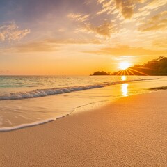Closeup sea sand beach. Panoramic beach landscape. Inspire tropical beach seascape horizon. Orange and golden sunset sky calmness tranquil relaxing sunlight summer mood