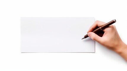 a hand holding a pen above a blank sheet of paper, ready to write, set against a pure white background
