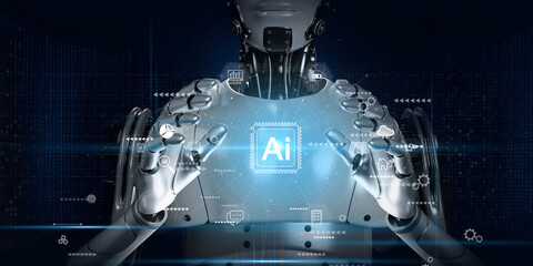 Robot using technology smart robot AI, artificial intelligence by enter command prompt for generates something, Ai technology, Artificial Intelligence. Chat with AI