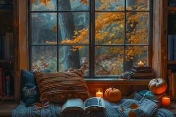 A cozy window sill, a place for reading books and relaxation, decorated for Halloween. 
