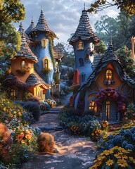 Vibrant and Whimsical Storybook Townscape with Imaginative Architecture and Lush Countryside Backdrop