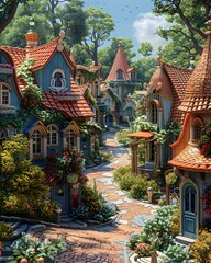Whimsical Storybook Town with Colorful Cartoon-like Architecture and Lush Greenery