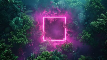 neon square set in the heart of a dense forest of deep green and neon pink
