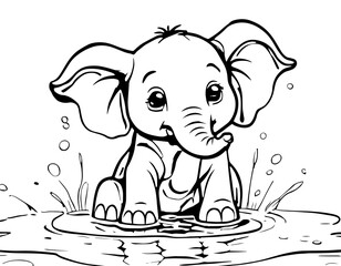 epselephant in a puddle of water on the savanna, coloring book