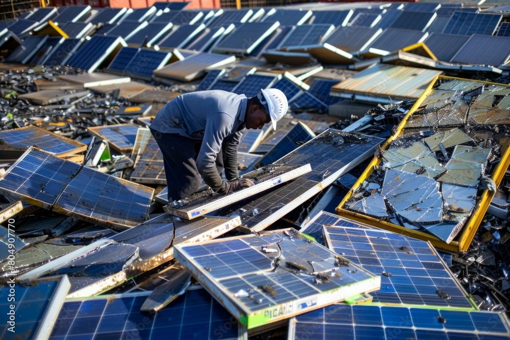 Wall mural worker sorting through damaged solar panels for recycling. generative ai