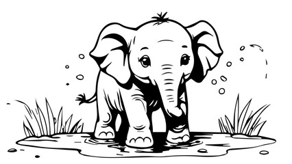elephant in a puddle of water on the savanna, coloring book