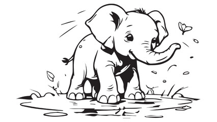 elephant in a puddle of water on the savanna, coloring book