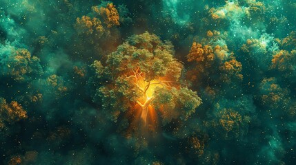 Fototapeta premium neon tree amidst a dense forest of emerald green and neon orange