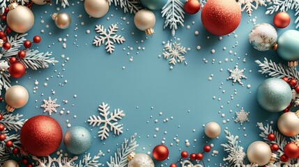 Flat Christmas background with space for text, featuring snowflakes and balls