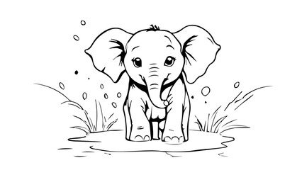 elephant in a puddle of water on the savanna, coloring book