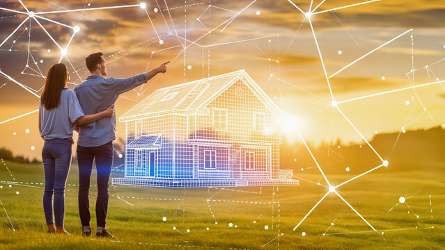 Conceptual image of a couple with a virtual house design in the background, smart construction technology