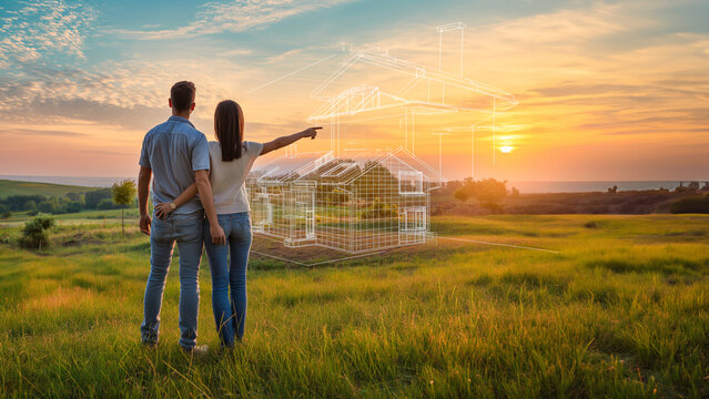 Conceptual image of a couple with a virtual house design in the background, smart construction technology - Powered by Adobe