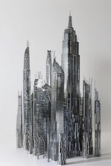 Fototapeta premium Skyscrapers made from paper clips. Tall, sleek structures towering over the cityscape, their metallic surfaces catching the light