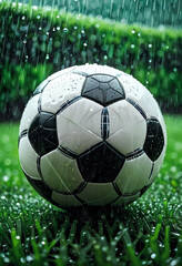 soccer ball on rainy green grass field