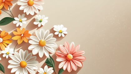 Elegant aesthetic chamomile daisy flowers pattern with sunlight shadows on neutral beige background with copy space