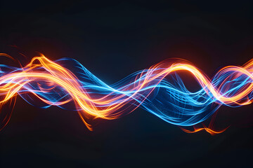 Abstract neon art with electric blue and orange lines blending harmoniously. Aesthetic design on black background.