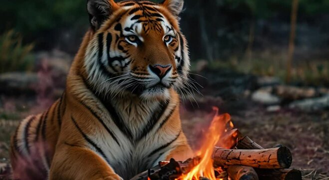 a tiger with a campfire