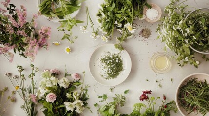 A table filled with different herbs and es each with their own unique benefits for boosting energy levels. - obrazy, fototapety, plakaty