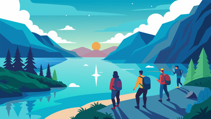 Alongside a sparkling lake a group of environmentallyconscious hikers take in the breathtaking beauty of a tranquil shoreline making sure to leave it. Vector illustration