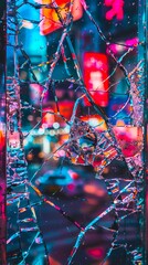 A broken window with colorful lights in the background.