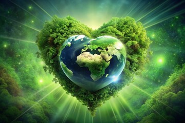 Abstract Artwork of Green Planet with Heart Center: An abstract representation of a green planet with a heart at its center, evoking themes of love for nature, environmental consciousness, and interco