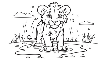 baby Lion in a puddle of water on the savanna, coloring book