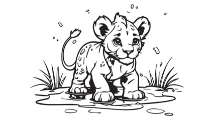 baby Lion in a puddle of water on the savanna, coloring book