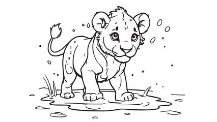 baby Lion in a puddle of water on the savanna, coloring book