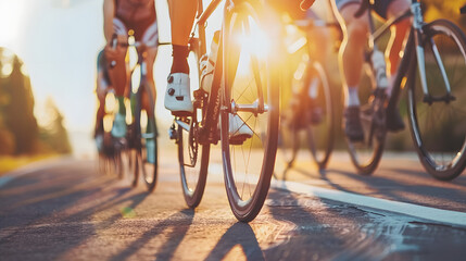 A dynamic and energetic scene capturing cyclists in motion during a race, with the golden sunlight casting long shadows and creating a vibrant atmosphere.