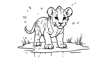 baby Lion in a puddle of water on the savanna, coloring book