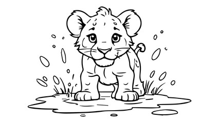 baby Lion in a puddle of water on the savanna, coloring book