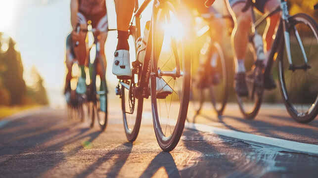 A dynamic and energetic scene capturing cyclists in motion during a race, with the golden sunlight casting long shadows and creating a vibrant atmosphere.