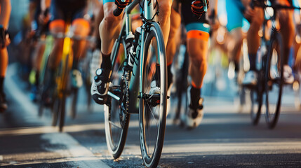 A vivid capture of a cycling race in action, featuring cyclists in a tight formation on a sunny day, showcasing their speed, skill, and competitive spirit on the road.