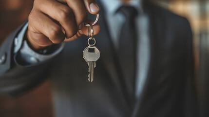 A professional businessman in a sharp suit presents a set of keys, symbolizing access, opportunity, or a new venture. The focus on the keys highlights their importance in this transaction
