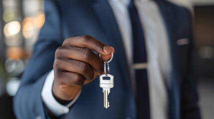A well-dressed businessman holds out a set of keys, offering a symbol of new opportunities and responsibilities. The focus on the keys against the blur of his suit adds a sense of mystery