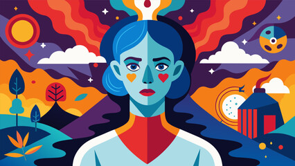 A bold and striking oil painting by a neurodivergent artist with depression portrays their inner struggles and journey towards healing.. Vector illustration