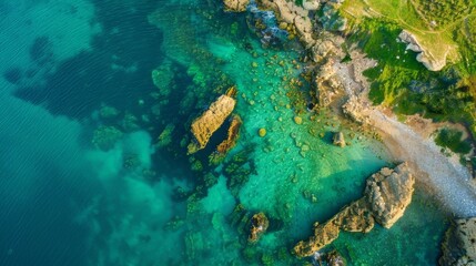 Aerial view of a clear turquoise sea and green grass on a rocky shore in Italy, a beautiful natural background with copy space area for text or design, a top down drone photograph.