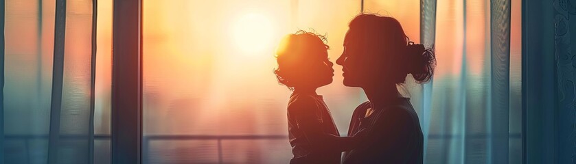 A minimalist portrait of a mother and child, their silhouettes against a brightly lit window, emphasizing the bond