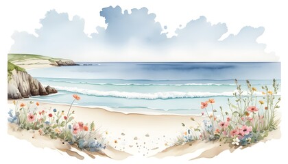 A watercolor painting of a beach vacation, featuring flowers, a house, and the coastline, with a summer theme.