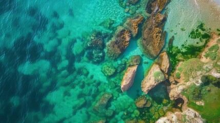 Aerial view of a clear turquoise sea and green grass on a rocky shore in Italy, a beautiful natural background with copy space area for text or design, a top down drone photograph.