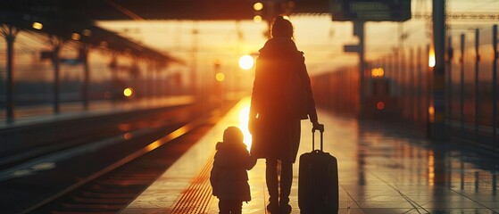 A minimalist shot of a mother and child s silhouette at a train station, emphasizing travel and transition - obrazy, fototapety, plakaty