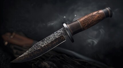 Stylish beautiful knife with runes on the blade and a wooden handle with carvings on a background of stone