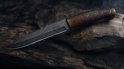 Stylish beautiful knife with runes on the blade and a wooden handle with carvings on a background of stone