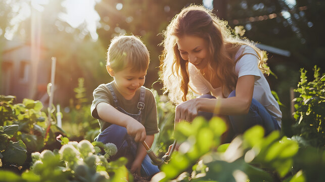 A young boy and his mother enjoy a delightful gardening session in their vibrant backyard during a sunny day. The boy, with a joyful smile, learns to dig in the soil under his mother's guidance,