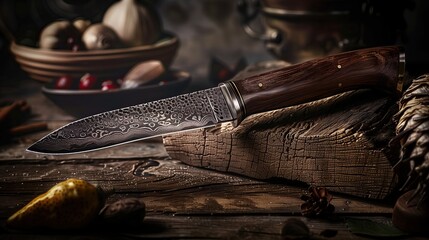 Stylish beautiful knife with runes on the blade and a wooden handle with carvings on a background of stone