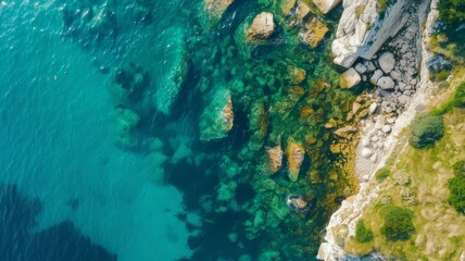 Aerial view of a clear turquoise sea and green grass on a rocky shore in Italy, a beautiful natural...