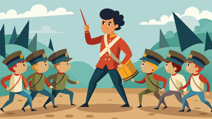 Obraz premium In a stunning display of bravery a photographer captures a young participant portraying the role of a drummer boy leading the charge of soldiers. Vector illustration