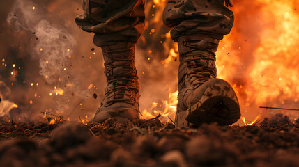 Close-up of a soldier's boots walking on rugged terrain, surrounded by fiery explosions and billowing smoke. The scene vividly captures the intensity of battle and the resilience required to navigate 