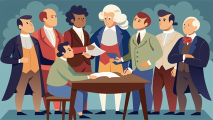 Historic figures frozen in time gathered around a replica of the signing of the Declaration of Independence deep in discussion about the revolutionary. Vector illustration
